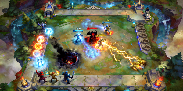 DOTA 2游戏对战画面 - 展示复杂的地图布局和英雄技能特效