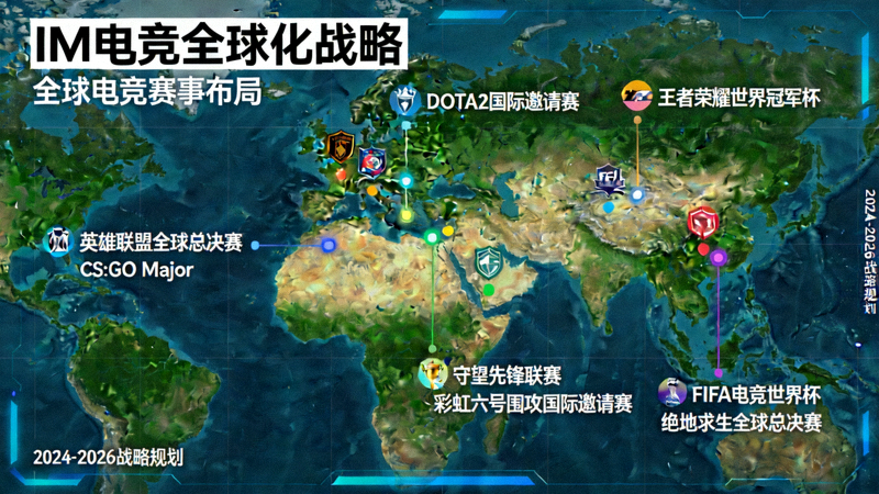 IM电竞全球化战略展示 - 世界地图上标注各区域电竞赛事分布
